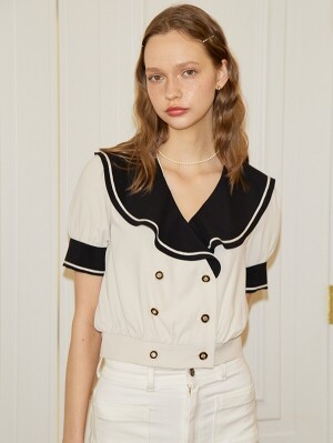 살롱드욘 Short Sleeve Ruffle Collar Wrap Blouse_ Ivory SALON DE YOHN